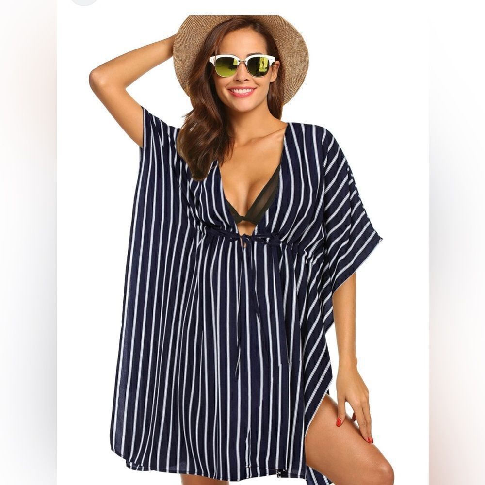 AvidLove navy blue and white striped swim cover up. Size small NWT